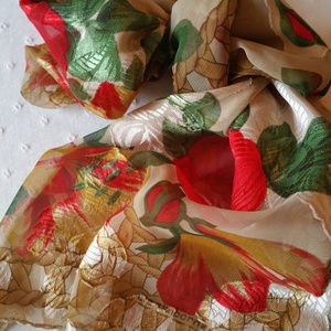 Vintage 80s Long Gold and Red Floral Scarf